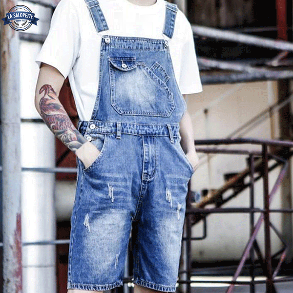 Salopette Short<br> Denim Bleu Délavé Homme