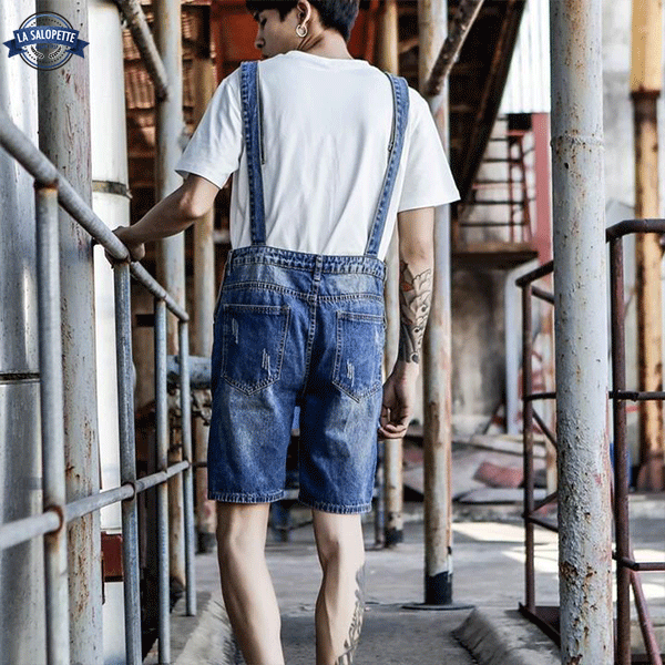 Salopette Short<br> Denim Bleu Délavé Homme